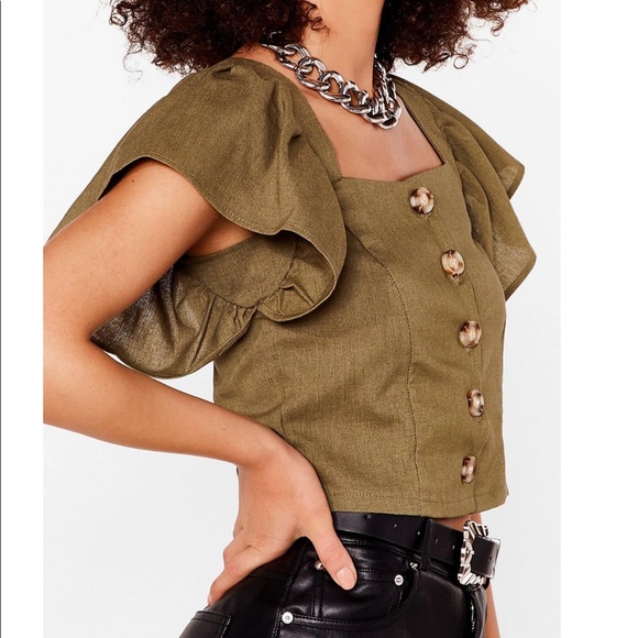 Linen Cropped Button Up Square Neck Blouse - Picture 5 of 6